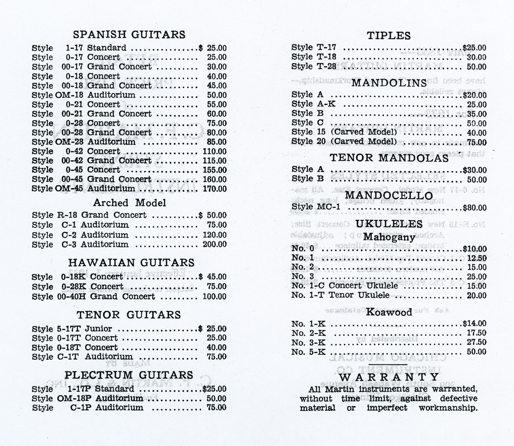 Martin Guitar Comparison Chart